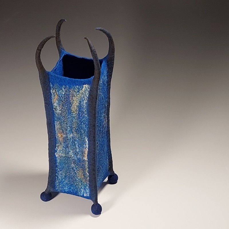 Wet-felted square vessel with feet, spikes & ramie fibre panels