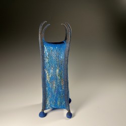 Wet-felted square vessel with feet, spikes & ramie fibre panels