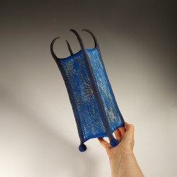 Wet-felted square vessel with feet, spikes & ramie fibre panels