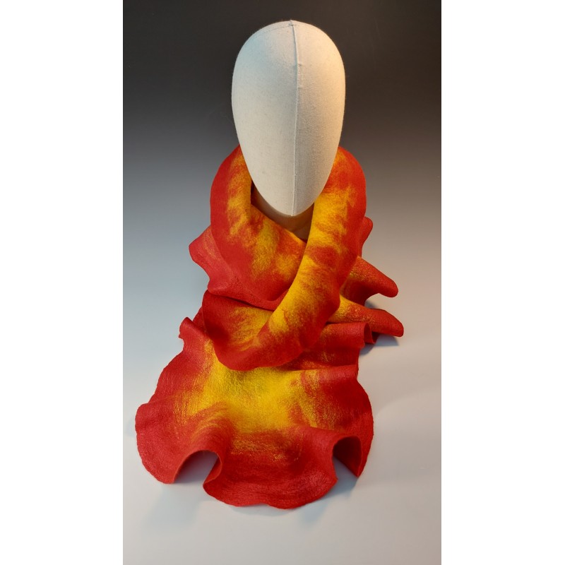 Wet-felted red & yellow wavy edged scarf - wool and silk