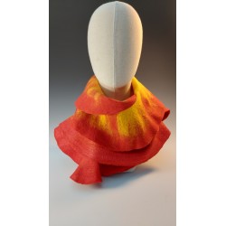 Wet-felted red & yellow wavy edged scarf - wool and silk