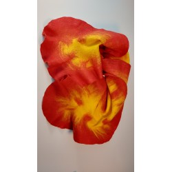 Wet-felted red & yellow wavy edged scarf - wool and silk