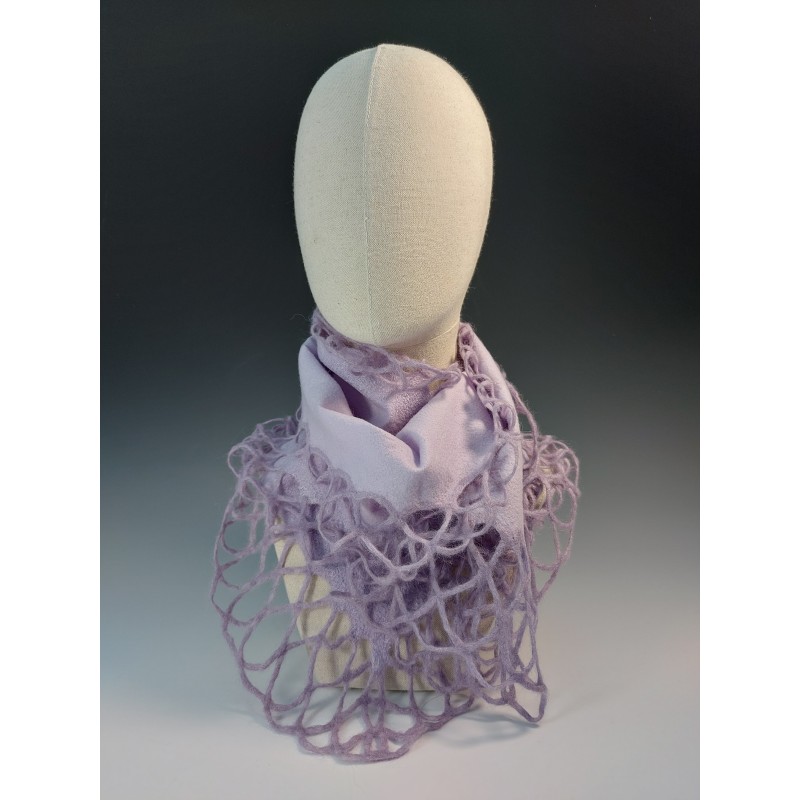 Lilac, lacy-edged  wet-felted scarf. Wet-felted merino wool, silk, and yarn