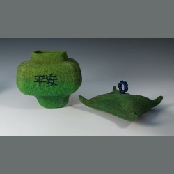 Japanese style green, four sided, lidded, felt pot