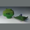 Japanese style green, four sided, lidded, felt pot