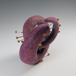 Curled felt form with bugle bead spines and round gold beads