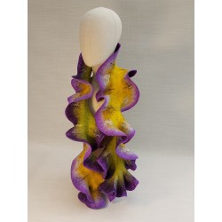 Ruffle-edged wet-felted scarf in purple, yellow and green