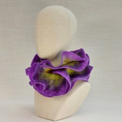Ruffle-edged wet-felted scarf in purple, yellow and green