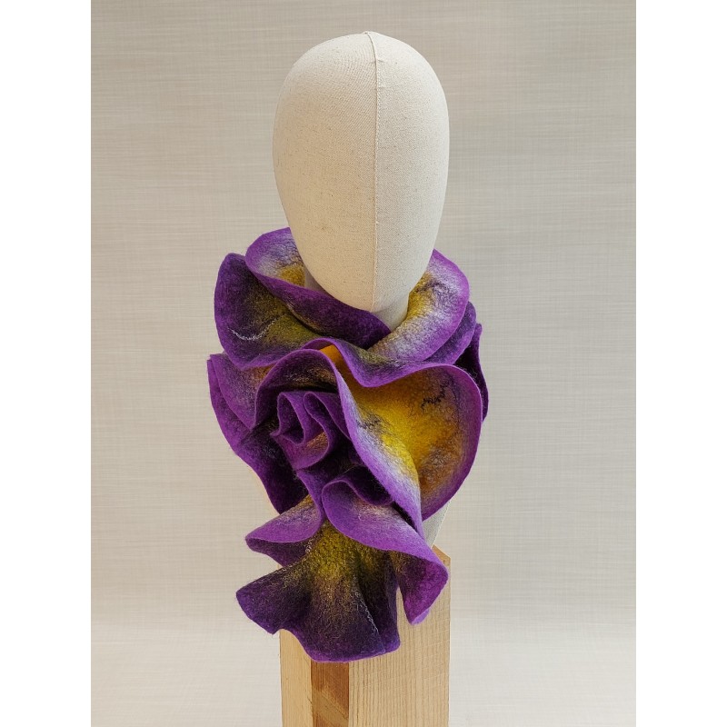 Ruffle-edged wet-felted scarf in purple, yellow and green