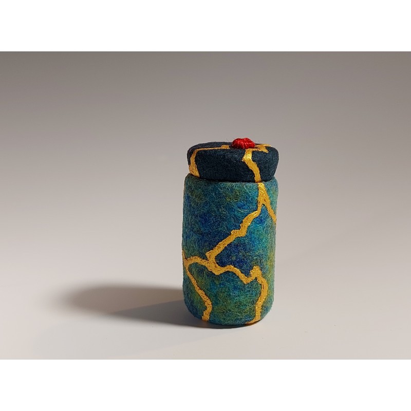 Miniature functional wet-felted Kintsugi jar with fitted lid