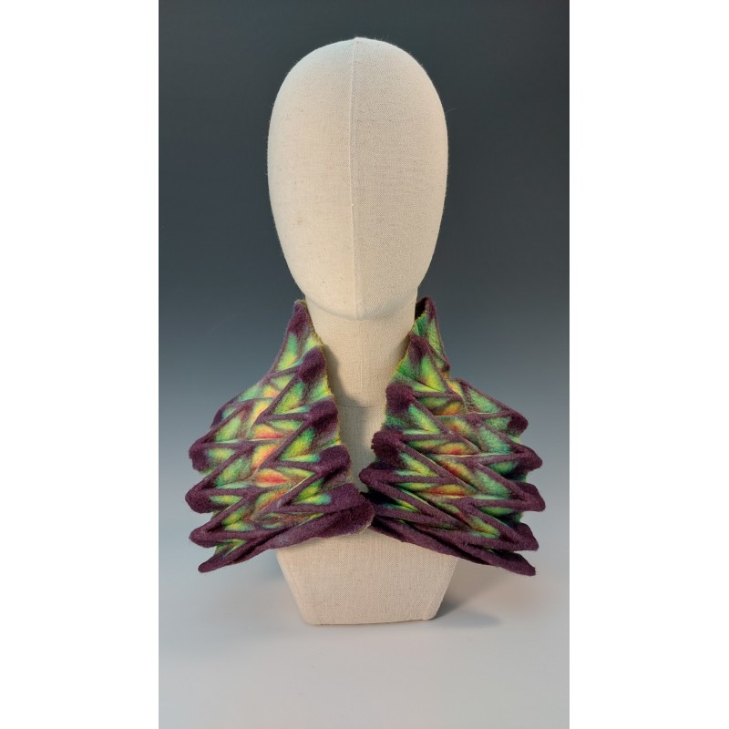 Colourful wet-felted pleated scarf in merino wool and silk