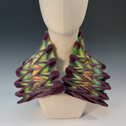 Colourful wet-felted pleated scarf in merino wool and silk
