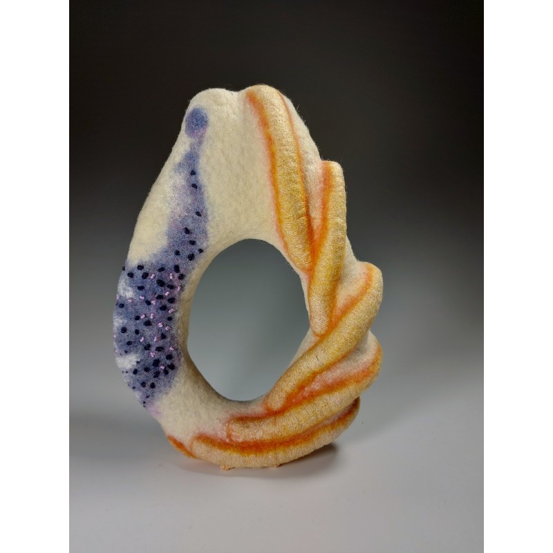 Oval ring vessel in nuno-felted wool, silk, and viscose.