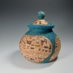 Wet-felted cork-effect pot with turquoise swirls and a lid.