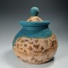 Wet-felted cork-effect pot with turquoise swirls and a lid.