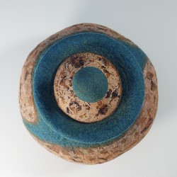 Wet-felted cork-effect pot with turquoise swirls and a lid.