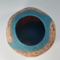 Wet-felted cork-effect pot with turquoise swirls and a lid.