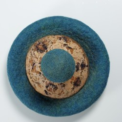 Wet-felted cork-effect pot with turquoise swirls and a lid.