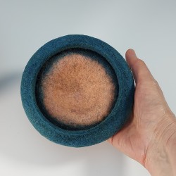 Wet-felted cork-effect pot with turquoise swirls and a lid.