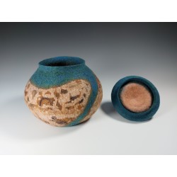 Wet-felted cork-effect pot with turquoise swirls and a lid.