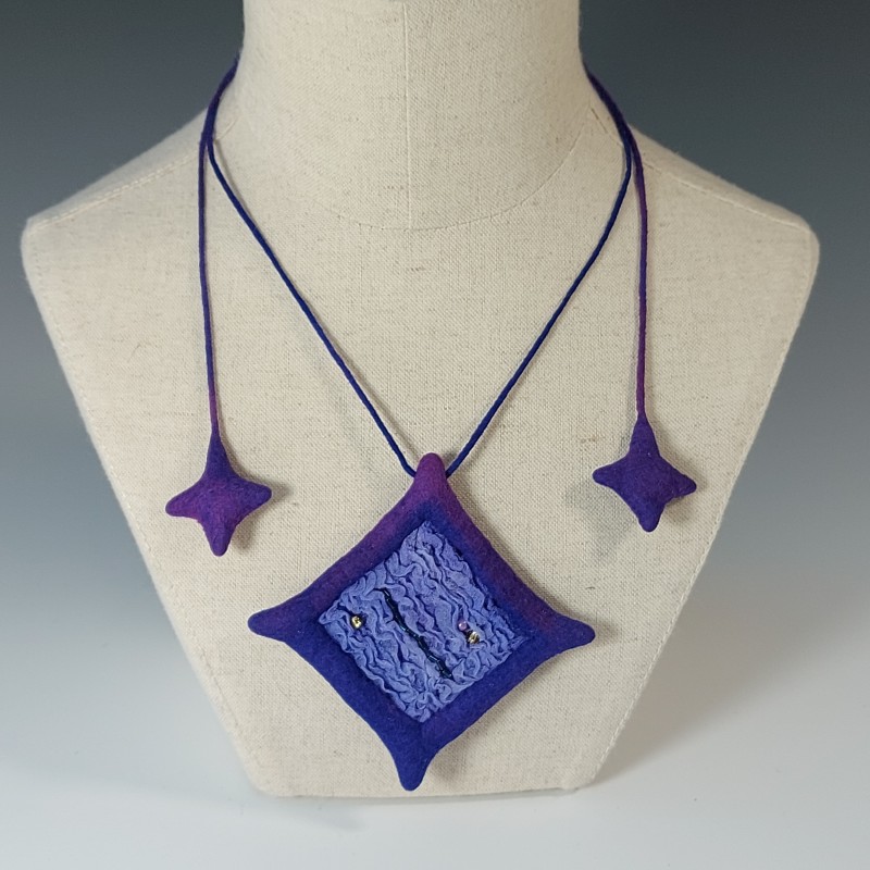 Purple Wet-Felted Pendant Necklace with Silk & Beading
