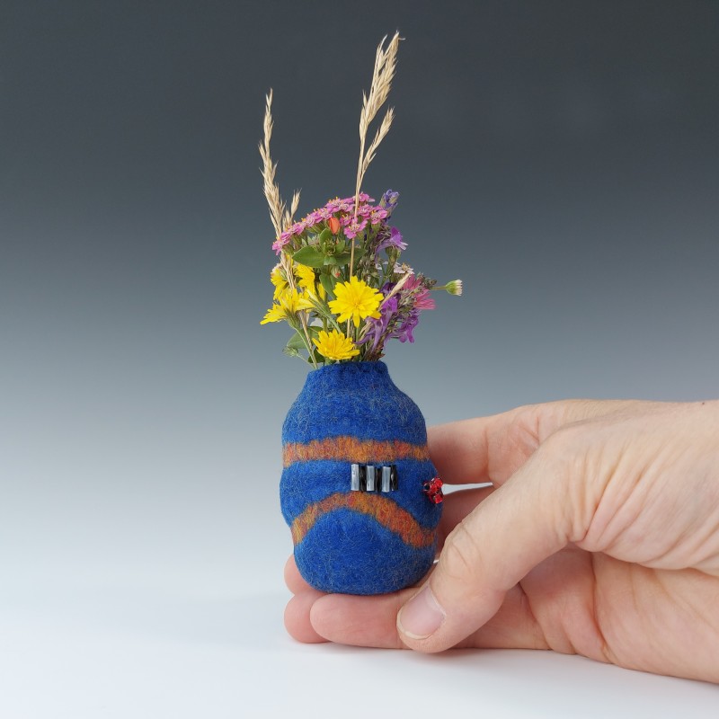 Miniature wet-felted and beaded glass-lined vase