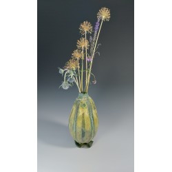 Green ribbed wet-felted vessel. Hand dyed wet felted wool & silk.