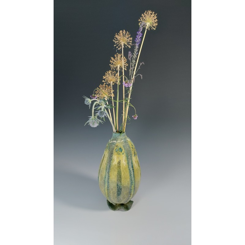 Green ribbed wet-felted vessel. Hand dyed wet felted wool & silk.