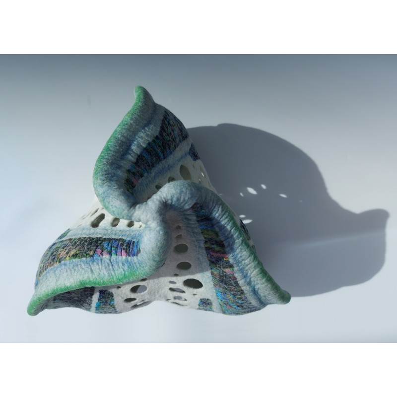 Ocean Tri‑Whirl – Wet Felted Wool & Silk Sculpture