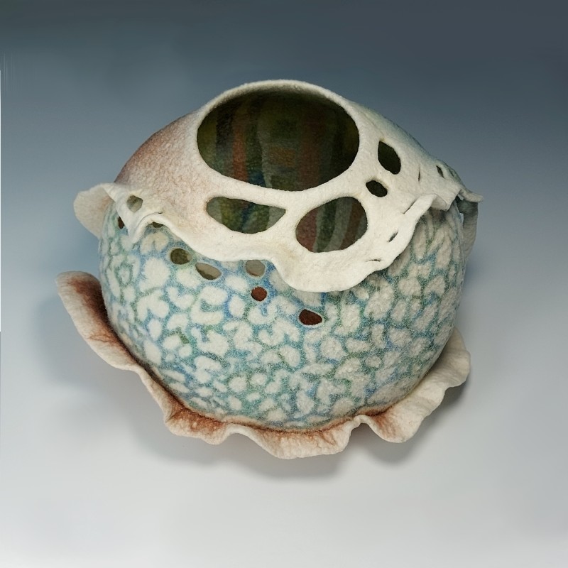 Carved Gourd Vessel – Wet-felted, hand‑dyed wool & silk