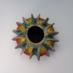 Chromatic Curves - a colourful nuno-felted, finned vessel embellished with 24ct gold leaf and glass beads.