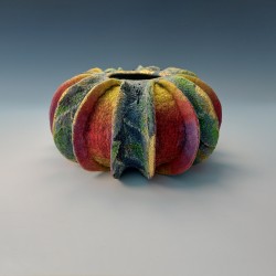 Chromatic Curves - a colourful nuno-felted, finned vessel embellished with 24ct gold leaf and glass beads.
