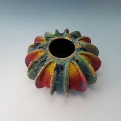 Chromatic Curves - a colourful nuno-felted, finned vessel embellished with 24ct gold leaf and glass beads.