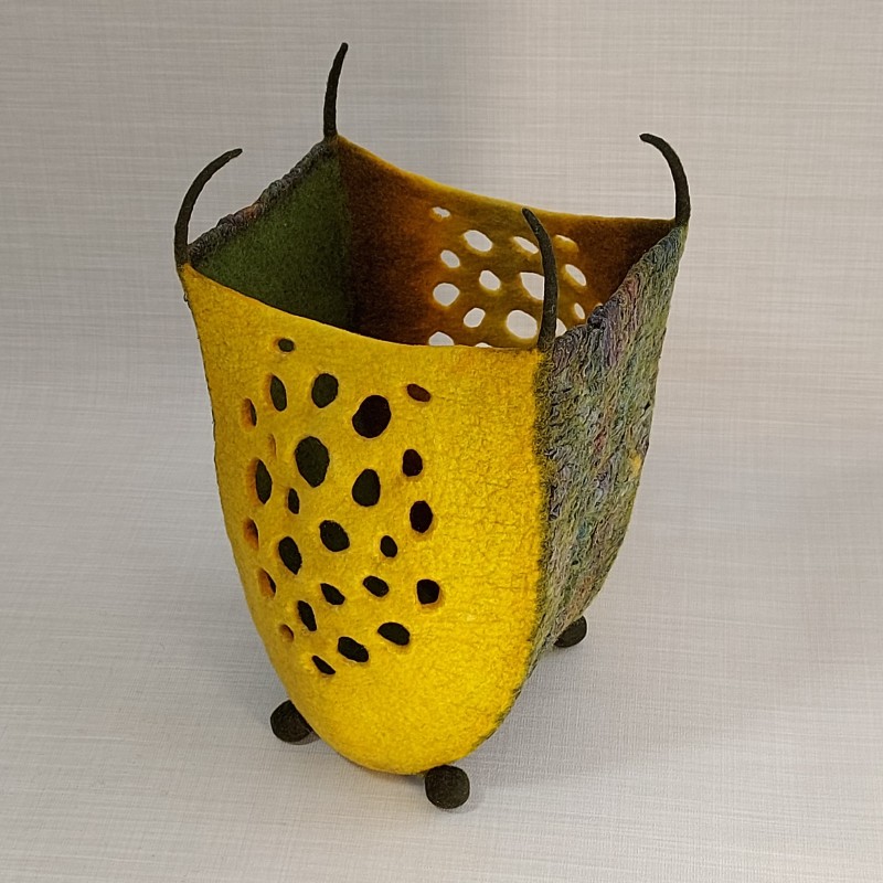 Large Yellow Wet-felted Vessel with U-shaped Textured Panel