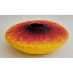 Wet-felted flat-topped vessel in yellow, red and black