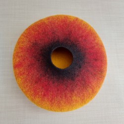 Wet-felted flat-topped vessel in yellow, red and black