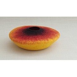 Wet-felted flat-topped vessel in yellow, red and black
