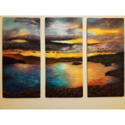Sunset Over the Lake - a wet-felted "painting" in 3 panels